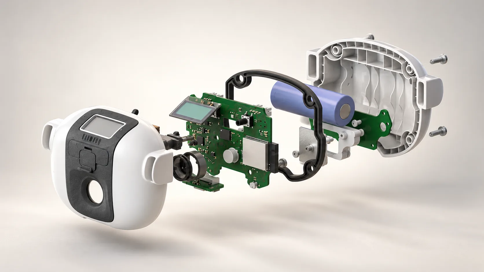 Exploded view of the Biomonix sensing device showing housing, sensor intake, electronics and battery.