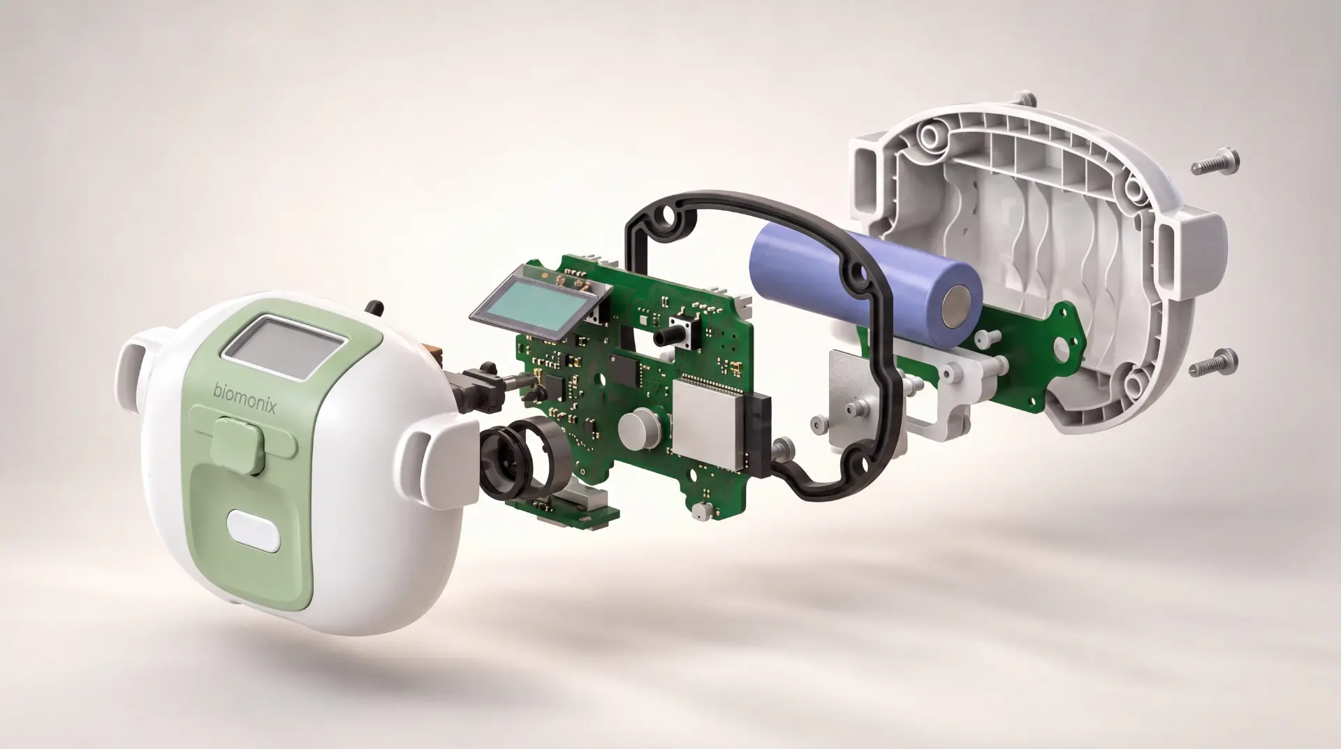 Exploded view of the Biomonix sensing device showing housing, sensor intake, electronics and battery.